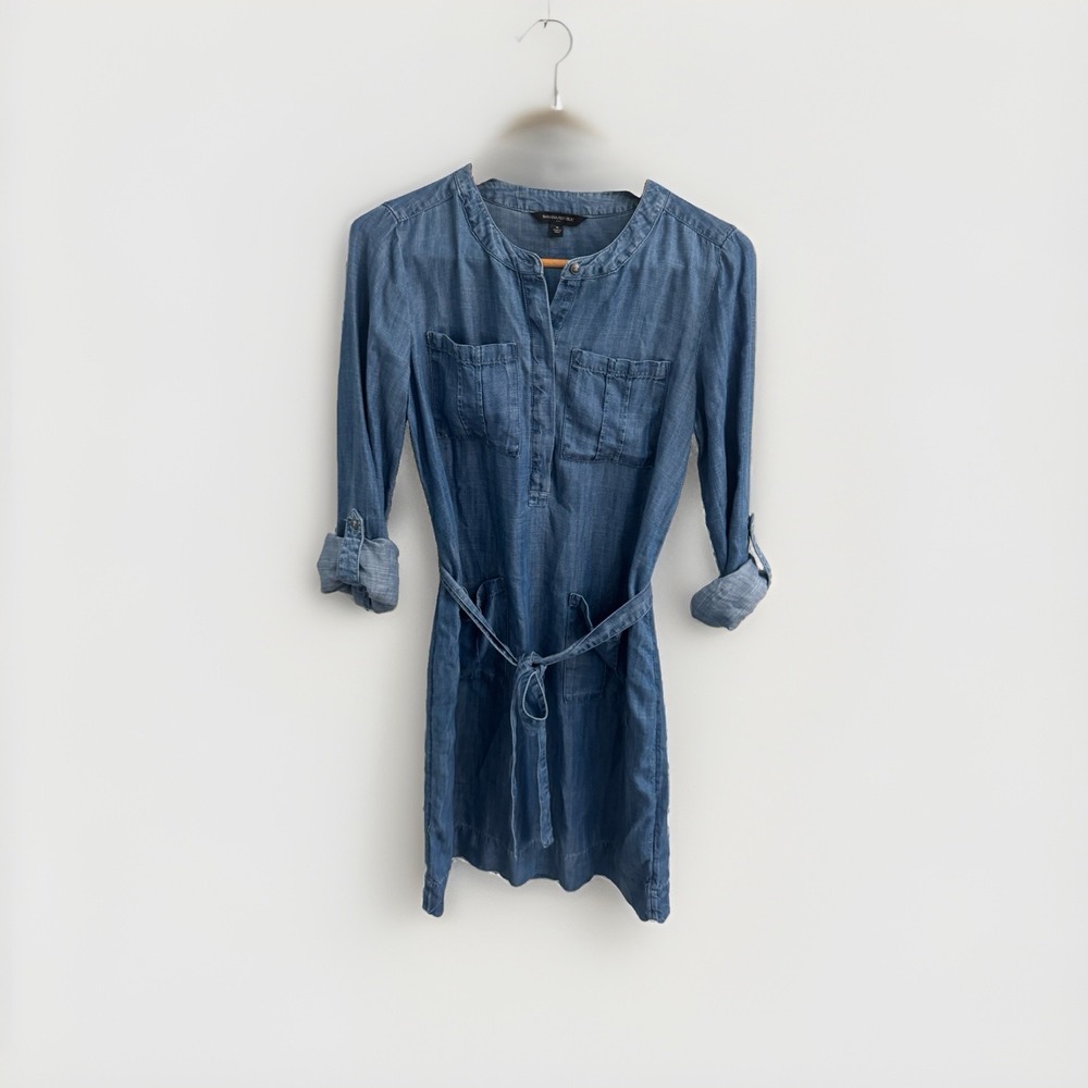Banana Republic Denim Chambray Belted Shirt Dress Pockets Extra Small Minimalist